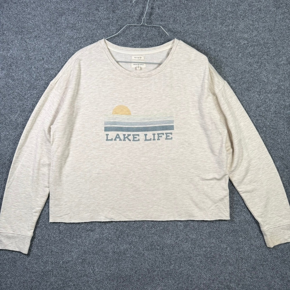Lake Life Thread & Supply Sweatshirt Womens Medium Cream Graphic Raw Hem Relaxed